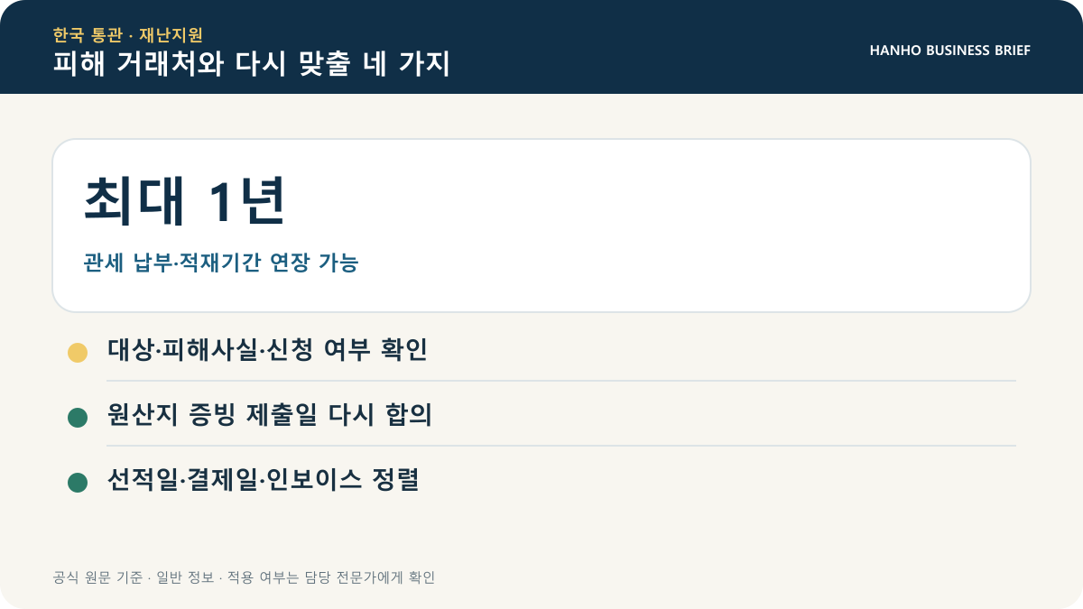 관세 납기 최대 1년, 조사와 원산지검증 조정, 긴급 통관과 선적기간 지원 카드